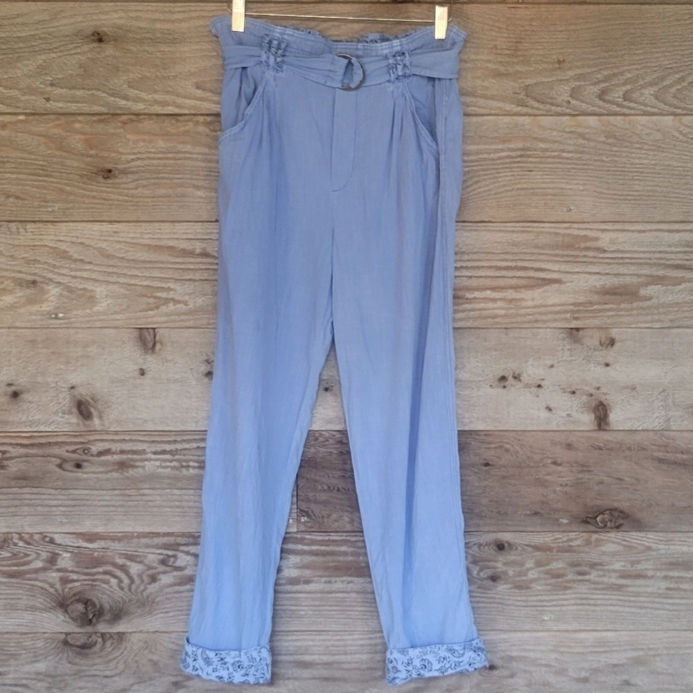 Anthropologie Blue Highwaist Paperbag Utility Pants Blue Floral Cutts Sz XS Tall